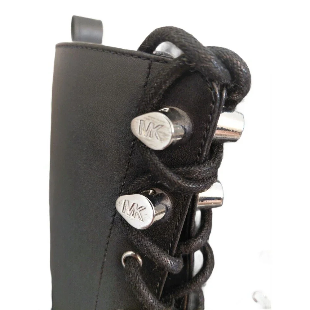 Michael Kors Black Tall Combat Boots Lug Sole Leather Lace Up Boots Women's Sz 6